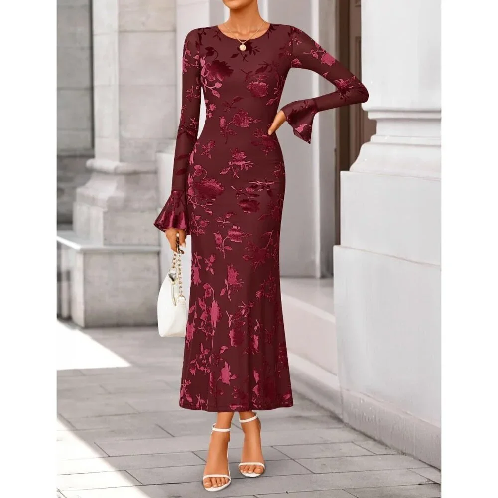 Women's Wine Long Sleeve Spring Fashion Bodycon Mesh Floral Maxi Dress